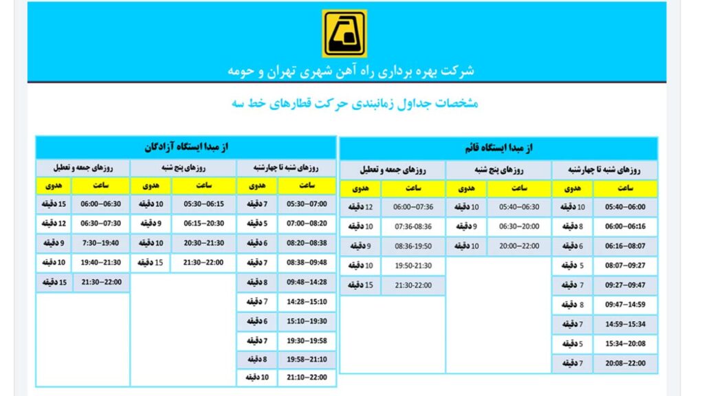 جدول حرکت قطارهای خط سه