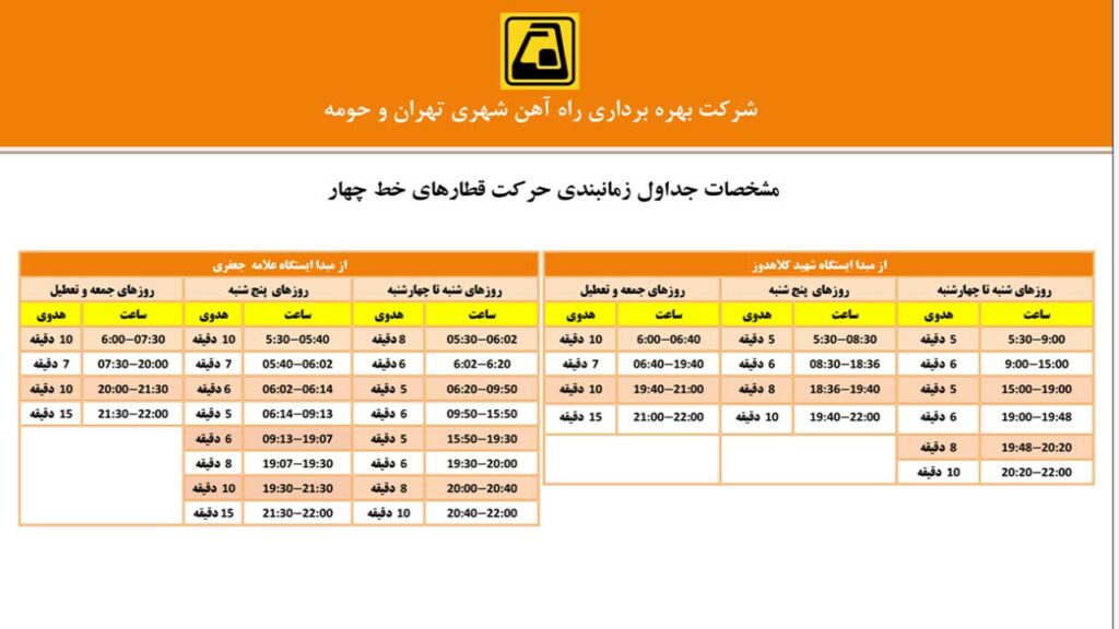 جدول زمانبندی قطارهای خط 4