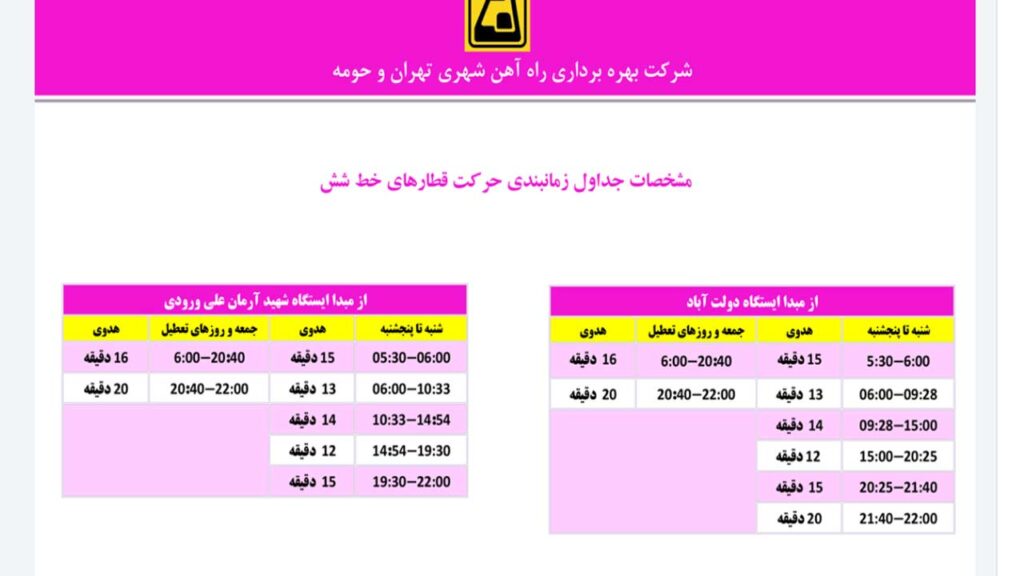 جدول زمانبندی حرکت قطارهای خط 6