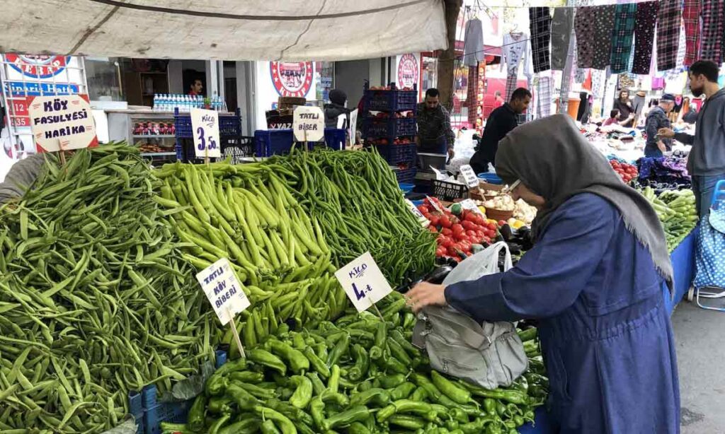 تصویر خانمی در حال خرید از جمعه بازار استانبول