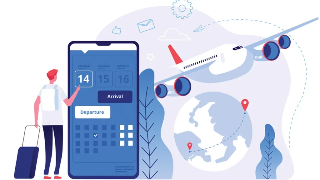 تصویر کارتونی فردی در حال انتخاب تاریخ پرواز